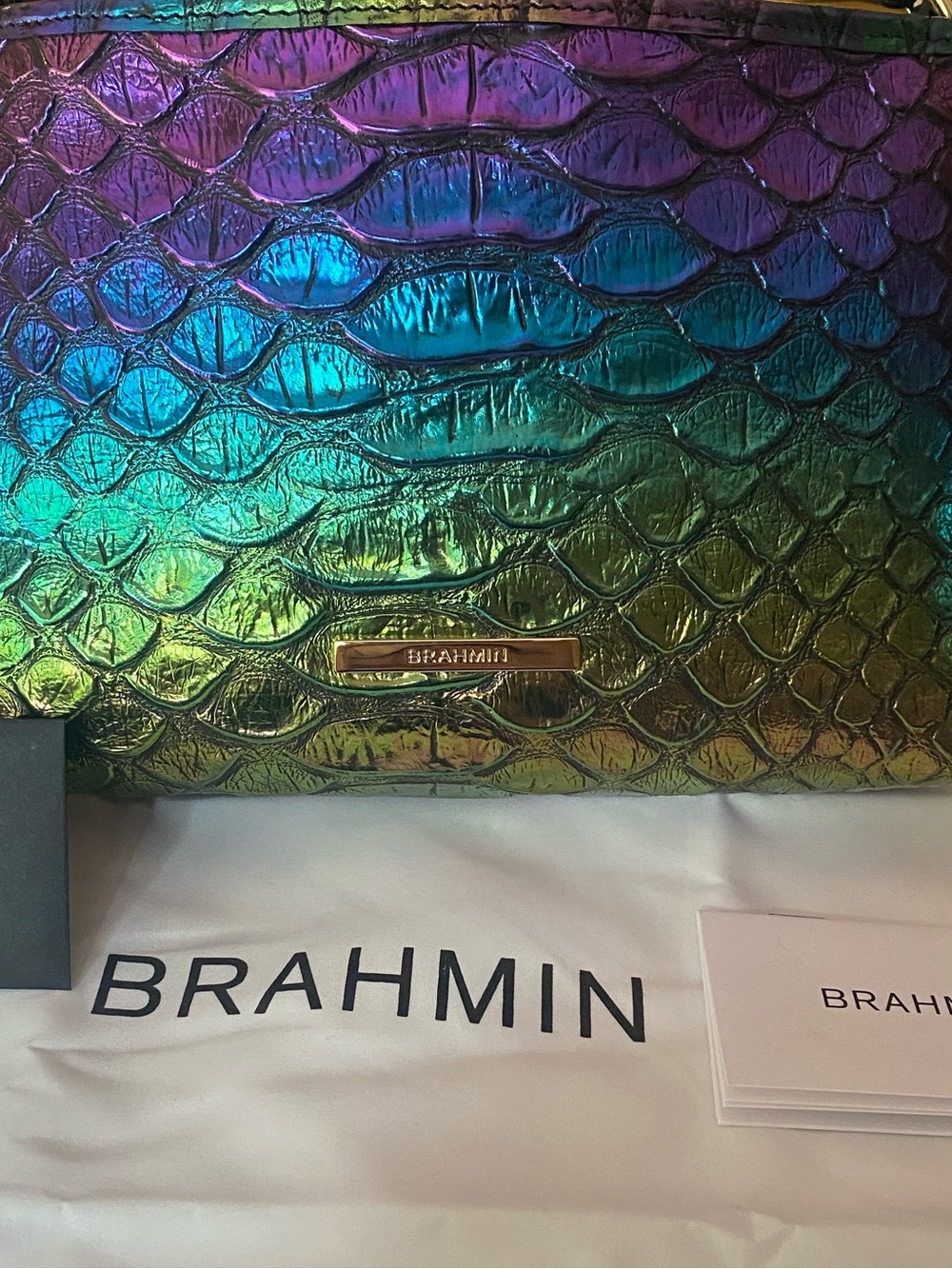 Brahmin Iridescent Embossed Leather Shoulder Bag in Green Blue Purple - Picture 2 of 10